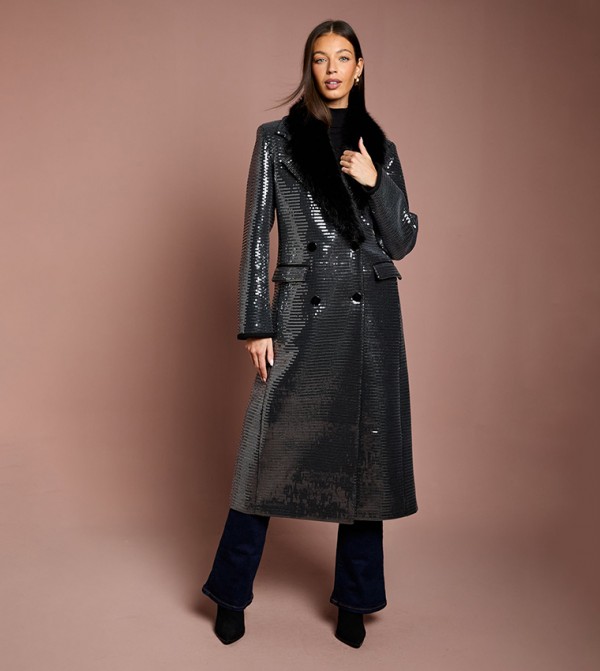 Sequined Fur Collar Coat