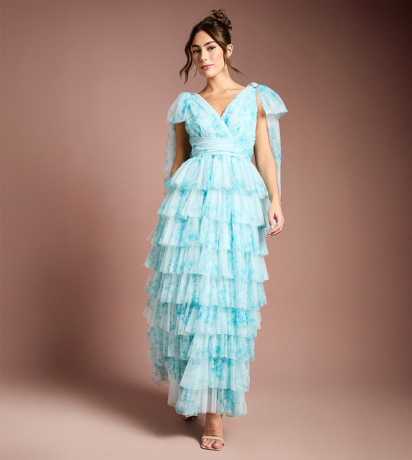 Printed Ruffle Mesh Maxi Dress