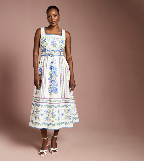 Belted Floral Placement Print Midi Dress
