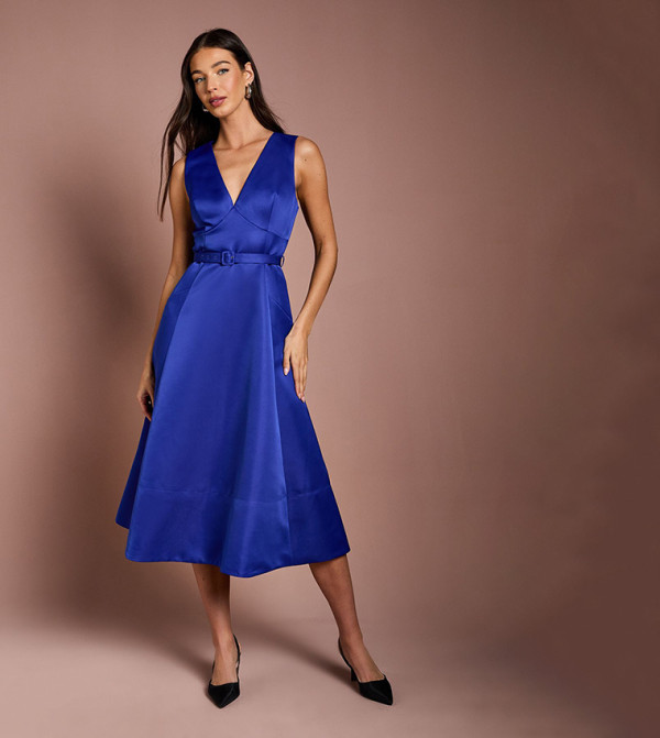 V-Neck Structured Satin Belted Midi Dress