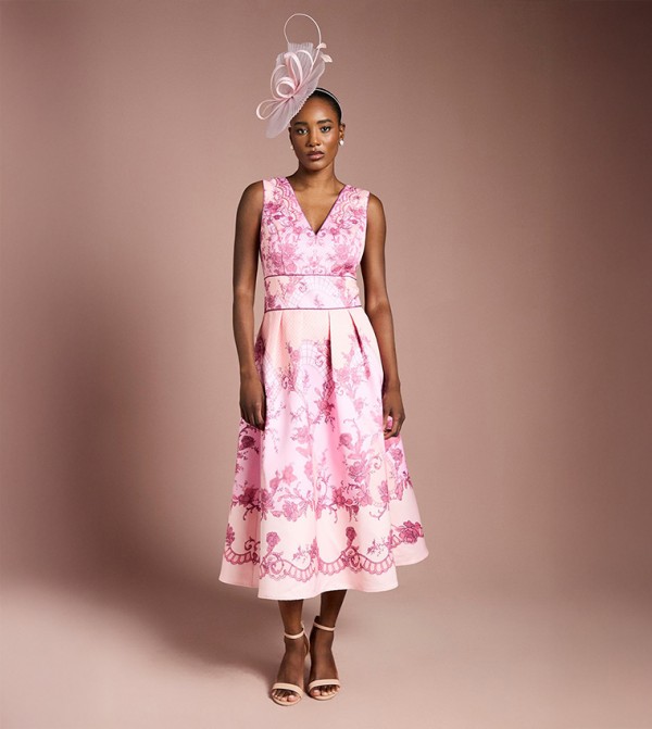 V-Neck Structured Satin Placement Print Midi Dress