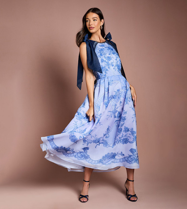 Halter Neck Bow Shoulder Placement Print Organza Midi Dress