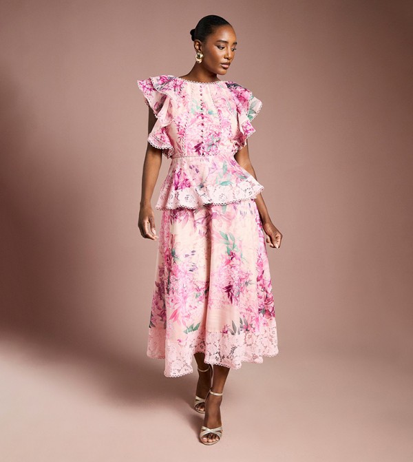 Printed Lace Trim Ruffle Midi Dress