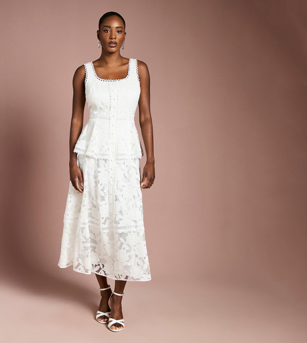 Peplum Hem Button Down Lace Midi Dress