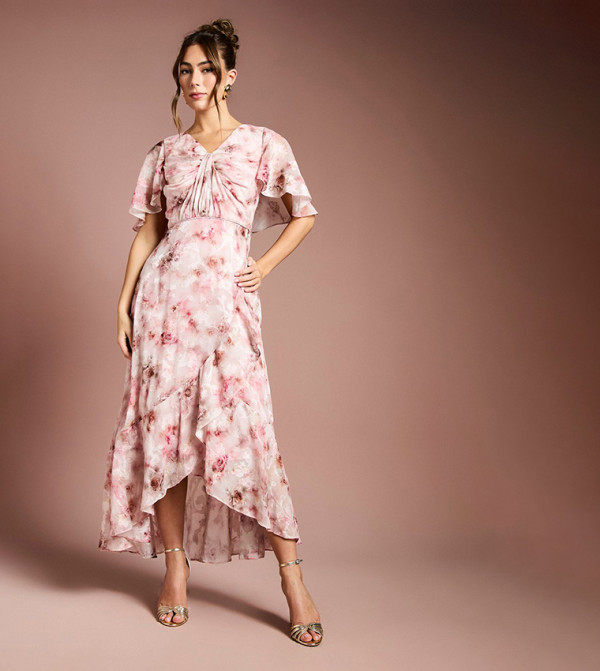 Printed Satin Jacquard Twist Front Midi Dress