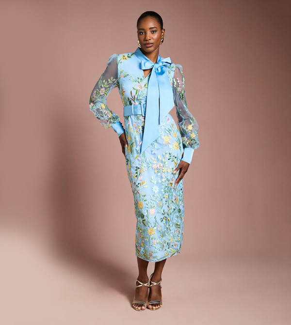 Embroidered Mesh Bow Detail Midi Dress