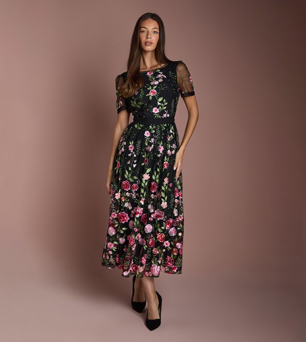 Lace Trim Detail Embroidered Mesh Midi Dress