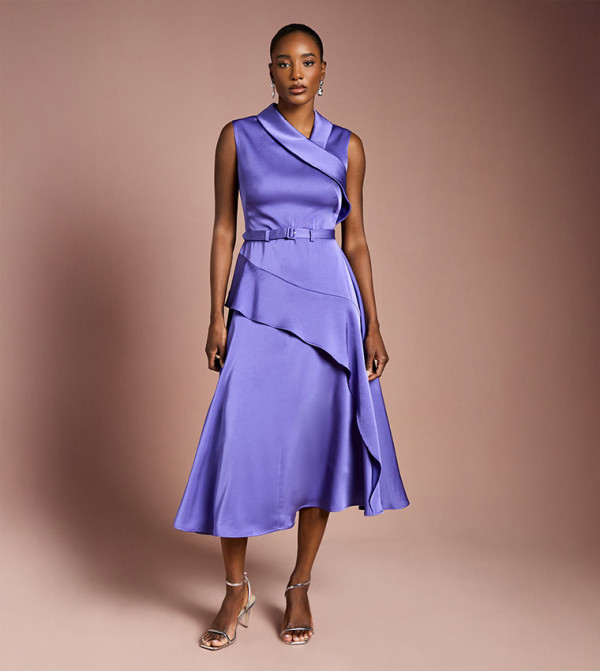 Waterfall Ruffle Belted Satin Midi Dress
