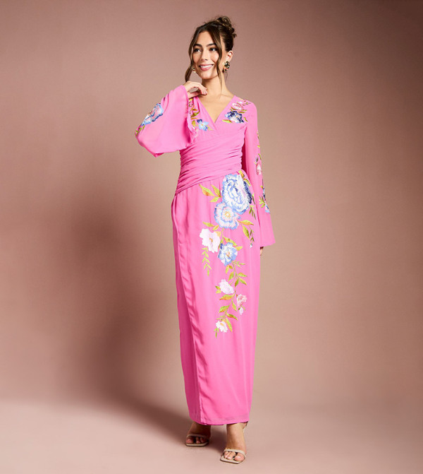 Embroidered V-Neck Wrap Maxi Dress