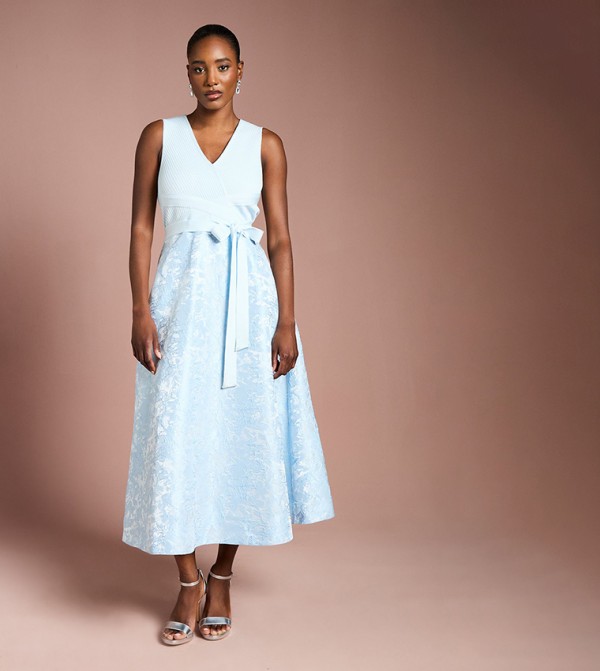 Bandage Bodice Midi Dress with Jacquard Skirt