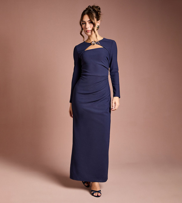 Stretch Crepe Long Sleeves Maxi Party Dress