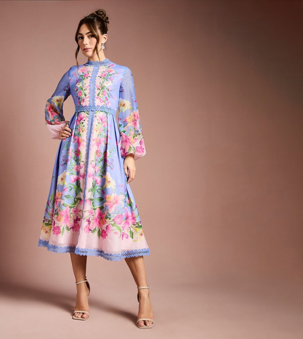 Printed Organza Lace Trim Midi Dress