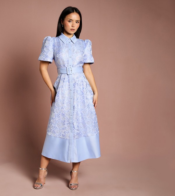 Petite Short Sleeves Shirt Jacquard Midi Dress
