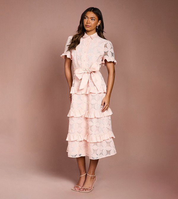 Tiered Lace Shirt Midi Dress