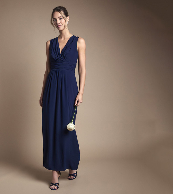 Wrap Front Pleated Waist Maxi Bridesmaid Dress