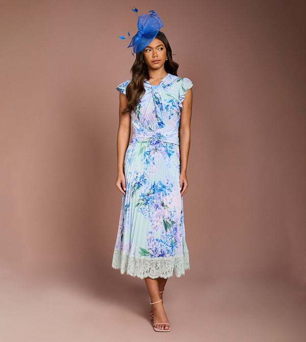 Floral Printed Georgette Dress with Lace Trims