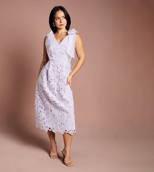 Petite Bow Shoulder Organza Lace Midi Dress