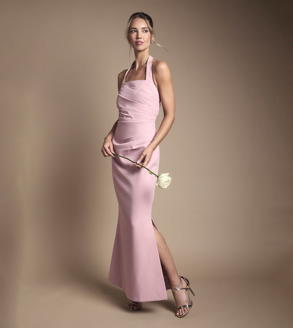 Halterneck Gathered Waist Maxi Bridesmaid Dress