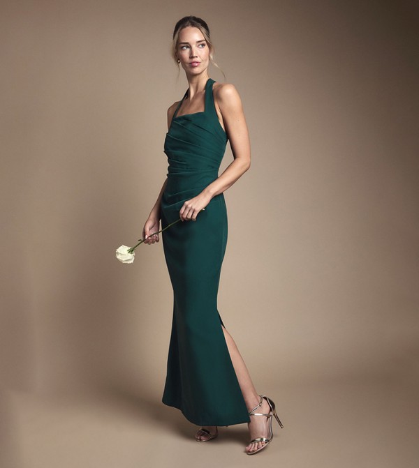 Halterneck Gathered Waist Maxi Bridesmaid Dress