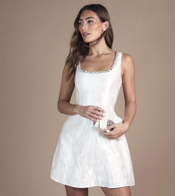 Jacquard Mini Dress with Jewel Trim