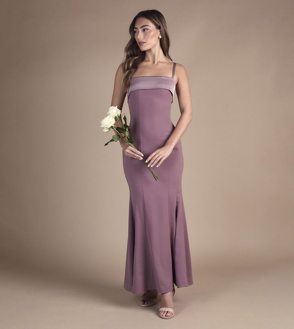Strappy Fitted Satin Trim Maxi Bridesmaid Dress