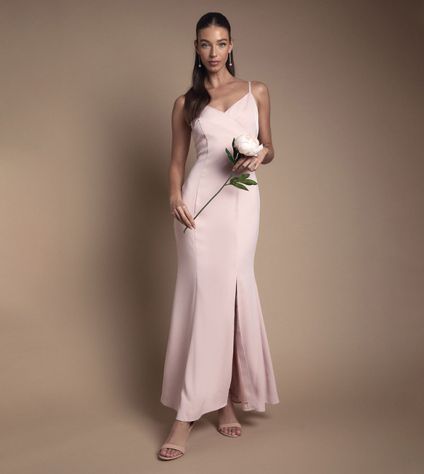Strappy V-Neck Satin Trim Maxi Bridesmaid Dress
