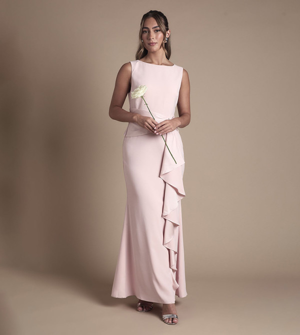 Solid Round Neck Sash Waist Maxi Bridesmaid Dress