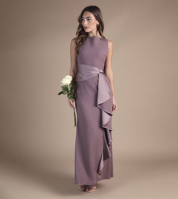 Solid Round Neck Sash Waist Maxi Bridesmaid Dress