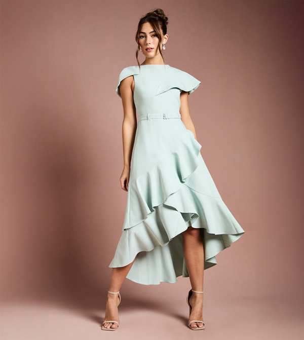 Waterfall Crepe Belted Midi Dress