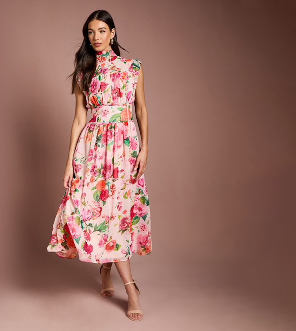 Printed Ruched Detail Georgette Midi Dress