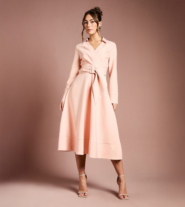 Long Sleeves Belted Crepe Midi Dress