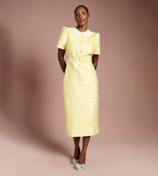 Puff Sleeves Collared Jacquard Midi Dress