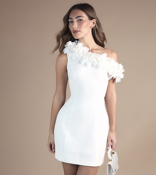 Corsage Asymmetric Neck Mini Dress