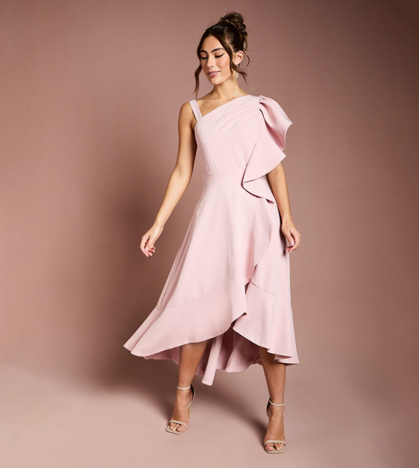 One Shoulder Crepe Ruffle Midi Dress