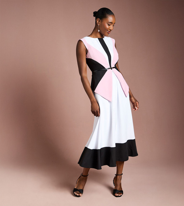 Color Block Belted Crepe Midi Dress