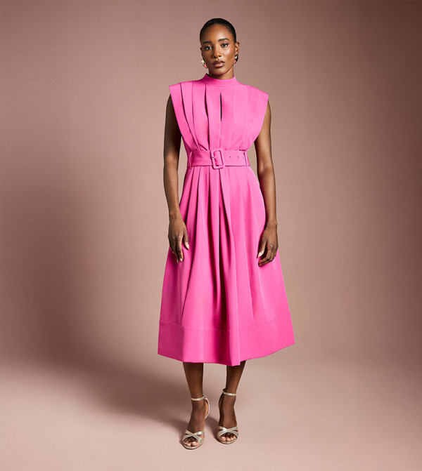 Color Block Belted Pleat Detail Midi Dress