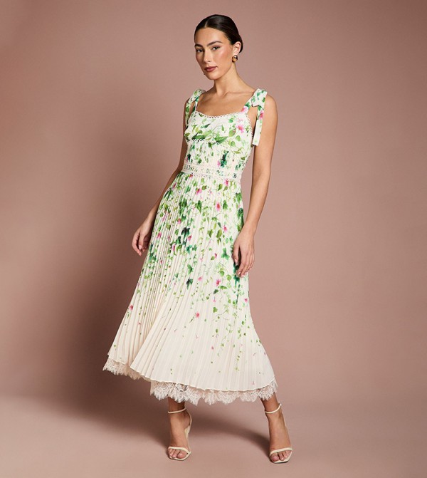 Pleated Printed Georgette Midi Dress