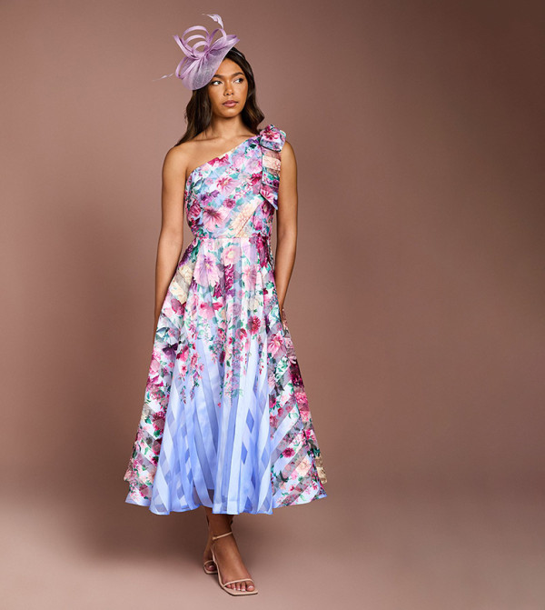 Printed Organza One Shoulder Midi Dress