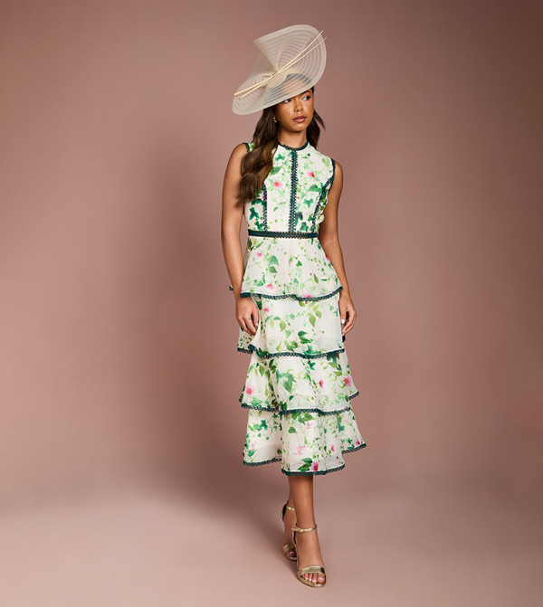 Lace Trim Tiered Printed Organza Midi Dress