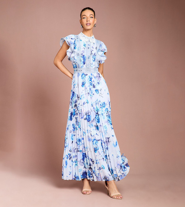 Frill Sleeves Contrast Collar Pleated Maxi Dress