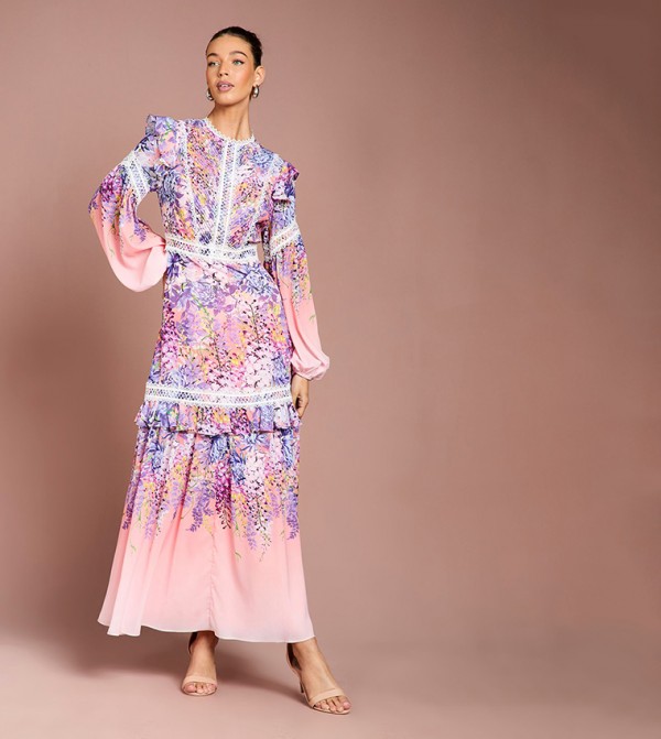 Placement Print Lace Frill Detail Maxi Dress