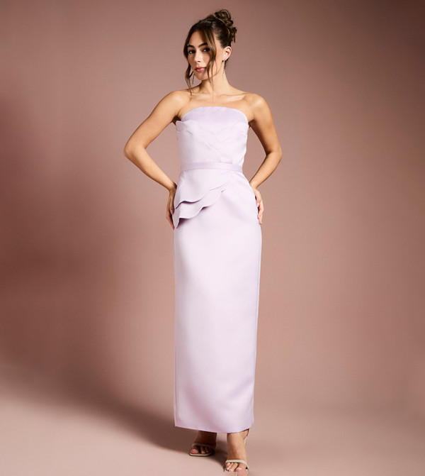 Scallop Detail Bandeau Structured Satin Maxi Dress