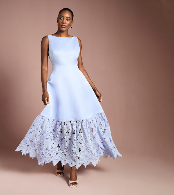 Lace Hem Structured Satin Maxi Dress