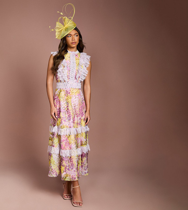 Printed Lace Trim Georgette Midi Dress