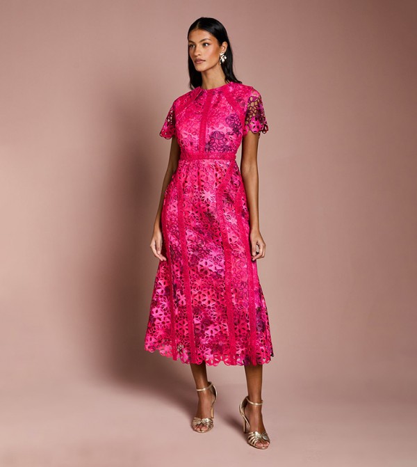 Petite Printed Lace Midi Pencil Dress