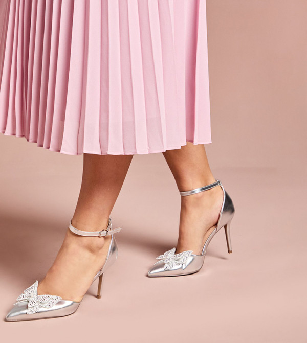 Poppy Satin Diamante Butterfly Trim Pointed Toe Pumps