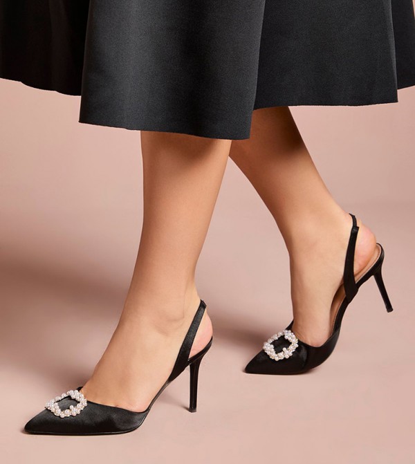 Selene Satin Pearl Trim Slingback Pumps