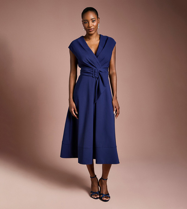 Solid Belted Crepe Dress
