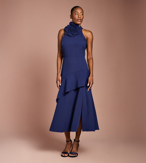 High Neck Corsage Detail Midi Dress