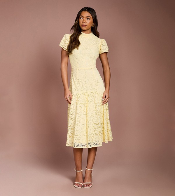 Lace Frill Sleeves High Neck Midi Dress